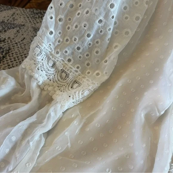 New Women's Boutique White Lace Chiffon Long Sleeve Ethereal Boho Blouse Top - Picture 7 of 9